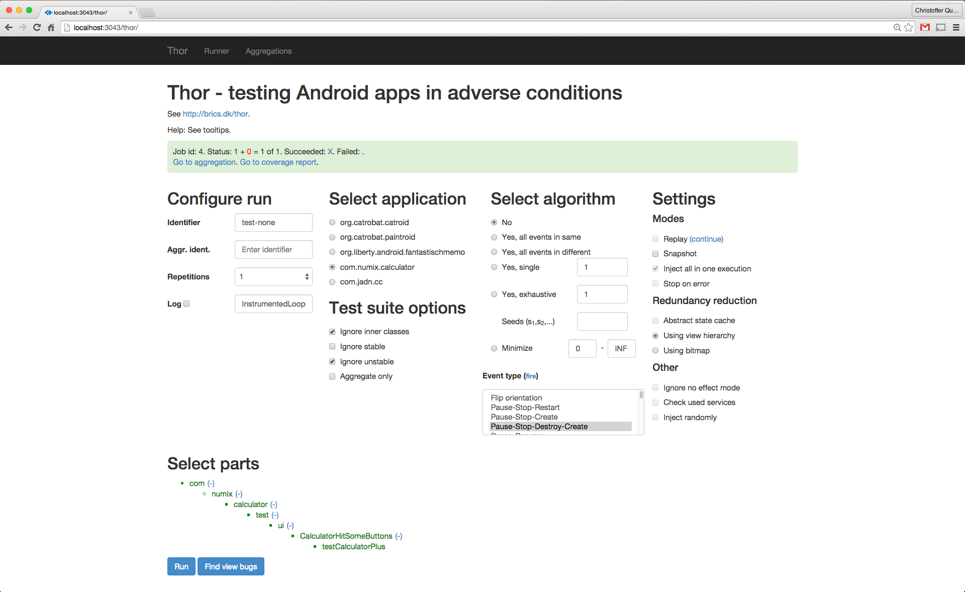 The web interface of Thor